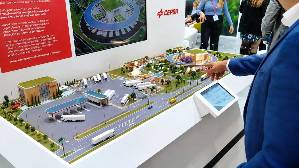 Maqueta interactiva de la Estación de Servicio del Futuro con iluminación dinámica y aplicación de control